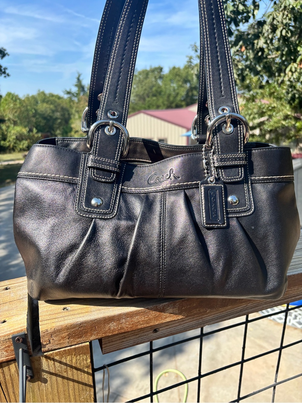 Coach F13733 Black Metallic Leather Pleated Shoulder Bag Tote